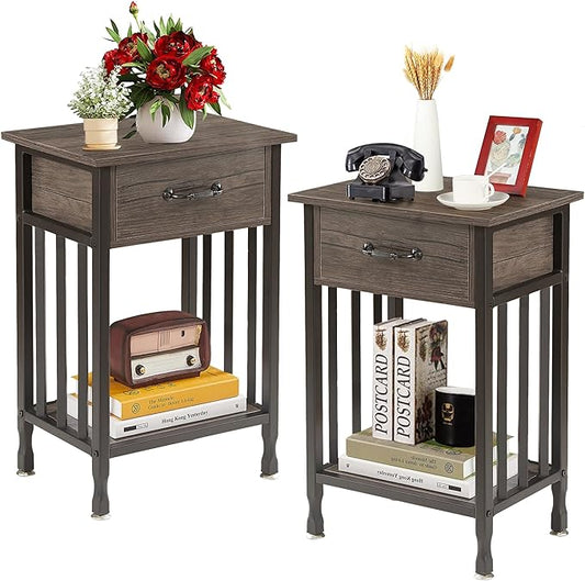 VECELO Nightstands Set of 2, Industrial Side Table/End Tables with Drawer and Storage Shelf, Night Stands for Bedroom, Living Room, Wood Metal Furniture, Easy Assembly