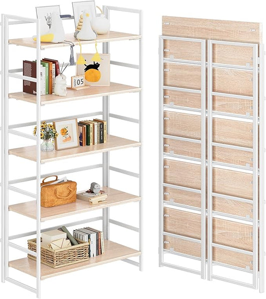 4NM No Assembly 5 Tiers Book Shelves, White Folding Bookshelf Bookcase Open Industrial Foldable Shelves for Bedroom, Living Room, Home Office - Natural White