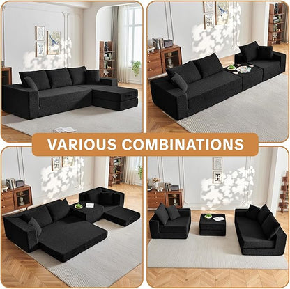 108" Modular Sectional Cloud Sofa - Boneless Couch with Deep Seat, Non Slip Base, Folding Sofa Sectional Couches for Living Room, Cozy Modular Couch with L-Shape Chaise, No Assembly Required, Black