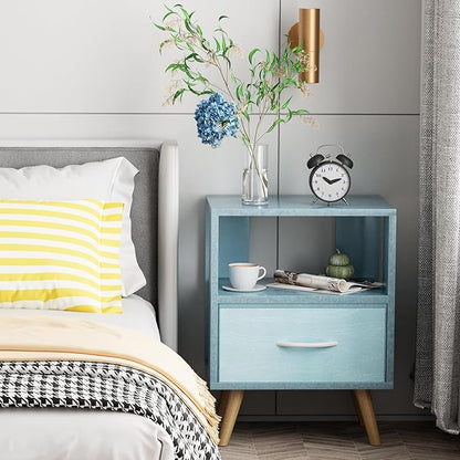 Night Stand, Blue Kids Nightstand with Drawer, Nursery Side Table with Open Storage, 2-Tier Modern End Table, Bedside Table for Small Space, Living Room, Bedroom
