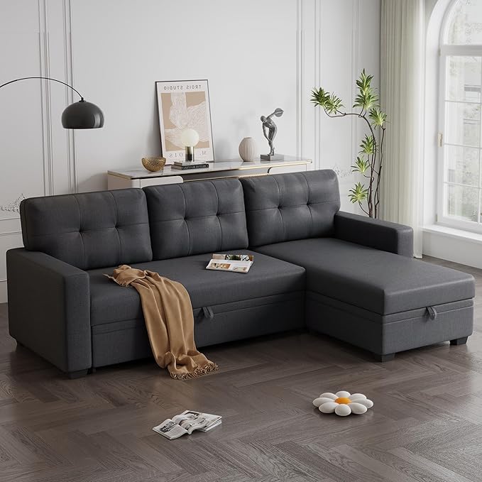 Ball & Cast Convertible Sectional Sleeper Sofa Bed L Shaped 4 in 1 Pull Out Couch with Reversible Storage Chaise & Removable Back Cushions,Sleeper Corner Pull Out Sofa Bed Couch for Living Room,Office
