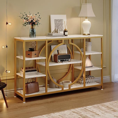 GiftGo 47" Industrial Console Tables for Entryway Rustic Sofa Table Behind Couch 4 Tier Wooden Shelves Entry Table with Storage for Foyer, Hallway, Front Door,Living Room (White Gold, 47")