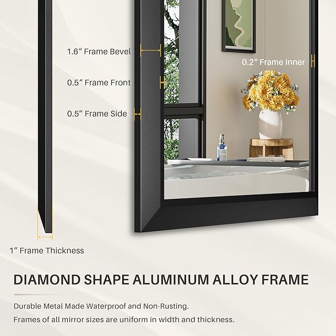 72x32 Inch Black Bathroom Mirror for Wall, Thick Metal Framed Rectangle Mirrors for Over Sink, Bedroom, Living Room, Entryway, Anti-Rust, HD Tempered Glass