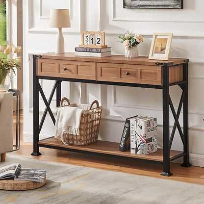 HOMBAZAAR Entryway Table,Rustic Console Table with 2 Drawers, Industrial Console Tables with Storage for Entryway, Hallway, Living Room,Brown,47 Inch