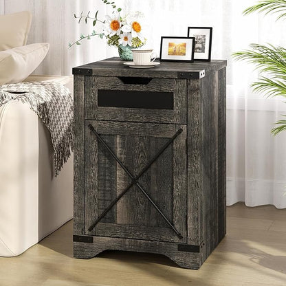 Farmhouse End Table Set of 2 with Charging Station, 26.4" Tall Rustic Nightstand with Drawer and X Barn Door, Country Bedside Sofa Side Table for Living Room, Dark Brown