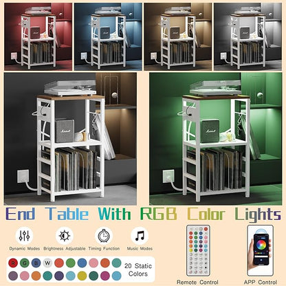 End Table with LED Light,Record Player Stand with Charging Station,Vinyl Records Storage,Turntable Stand Albums Storage for Music Room Studio-Industry White