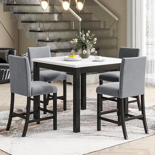 5 Pieces Dining Table Set with 35" Rectangle Faux Marble Top Table,Living Room Furniture W/ 4 Velvet-Upholstered Chairs,for Restaurant,Home Bistro,Gray