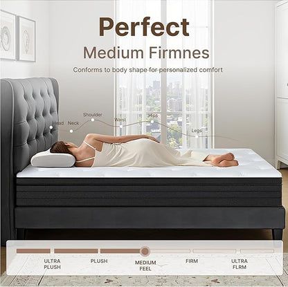 King Size Mattress, 12 Inch 5-Zone Pocket Spring Hybrid Mattress with Gel Memory Foam for Pressure Relief & Peaceful Sleep, Medium Firm, Mattress in a Box