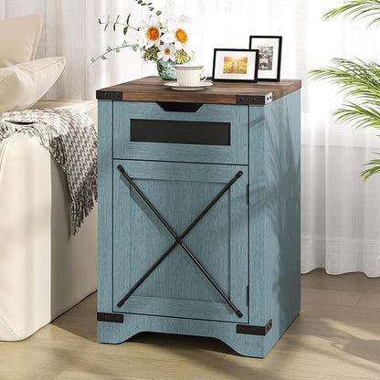Farmhouse End Table Set of 2 with Charging Station, 26.4" Tall Rustic Nightstand with Drawer and X Barn Door, Country Bedside Sofa Side Table for Living Room, Blue