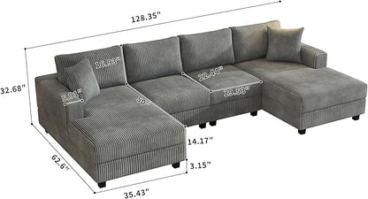 Eafurn Oversized Symmetrical U Shaped Modular Sectional Sofa with Double Chaise Lounge, Reversible Corduroy Upholstered Sofa Extra Wide Deep Seat Sleeper Sofas Couches w/ 2 Pillows