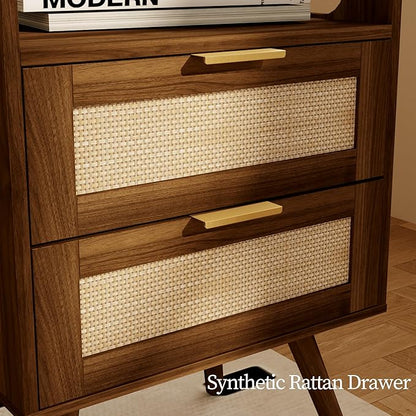 Rattan Nightstand with Charging Station,Farmhouse Bedside Table with 2 Storage Drawer and Open Wood Shelf, for Bedroom and Small Spaces,Night Stand with Solid Wood Legs (Walnut Brown-Outlet)