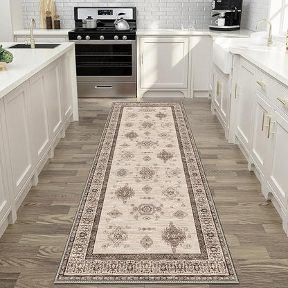 2X5 Area Rugs Machine Washable Rugs for Living Room, Vintage Boho Large Rugs for Bedroom Dining Room, Non Slip Indoor Soft Distressed Lightweight Thin Low Pile Carpet, Beige