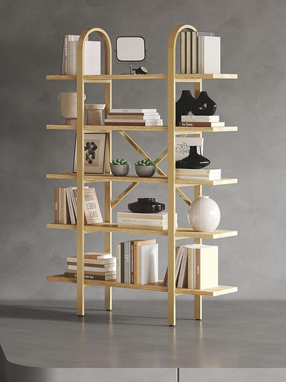 Wide Bookshelf Arched Bookcase, Industrial 5 Tier 72" Tall Freestanding Heavy Duty Display Rack for Home Office, Living Room,Nature Wood & Gold,Easy Assembly