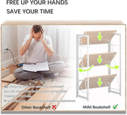 4NM No Assembly 3 Tiers Book Shelves, White Folding Bookshelf Bookcase Open Industrial Foldable Shelves for Bedroom, Living Room, Home Office - Natural White