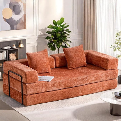 Convertible Sofa Bed, Compression Futon Sofa with Pillows & Armrest, Foldable Mattress Couch with Fixed-Shape Frame, Comfy Couch Lounge Sleeper Bed for Living Room Bedroom, Orange