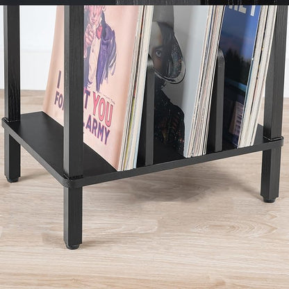 HOOBRO Record Player Stand, 2-Tier End Table, Vinyl Record Turntable Stand with Storage up to 100 Albums, Small Side Table for Living Room, Bedroom, Black, BK05RS01