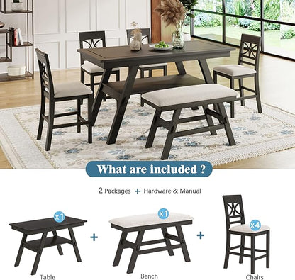 Merax 6 Piece Counter Height Dining Table Set with Storage Shelf, Beige Cushion, Bench and 4 Chairs, Espresso