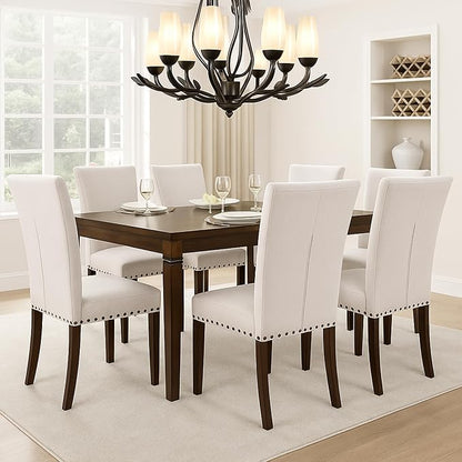 Set of 4 Beige Upholstered Dining Chairs, Farmhouse Kitchen Chairs with High Back Support, Solid Rubberwood Legs, Comfortable Padded Seat, Bronze Nailhead Trim, Dining Room Chairs for Family Meals