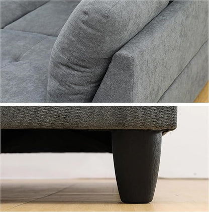 L-Shaped Sectional Sofa with Ottoman, Right-Facing Modern Microfiber Couch for Living Room, Bedroom, Office, Gray-Blue