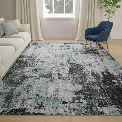Washable Area Rugs 4'x6' Non-Slip Modern Abstract Soft for Living Room Entryway Bedroom Nursery, Print Pattern, Blue Black Teal