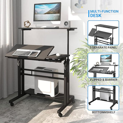 Mobile Standing Desk, Adjustable Rolling Computer Desk with 3 Desktops, Portable Laptop Table with Cup Holder, Home Office Laptop Workstation on Lockable Wheels, Black