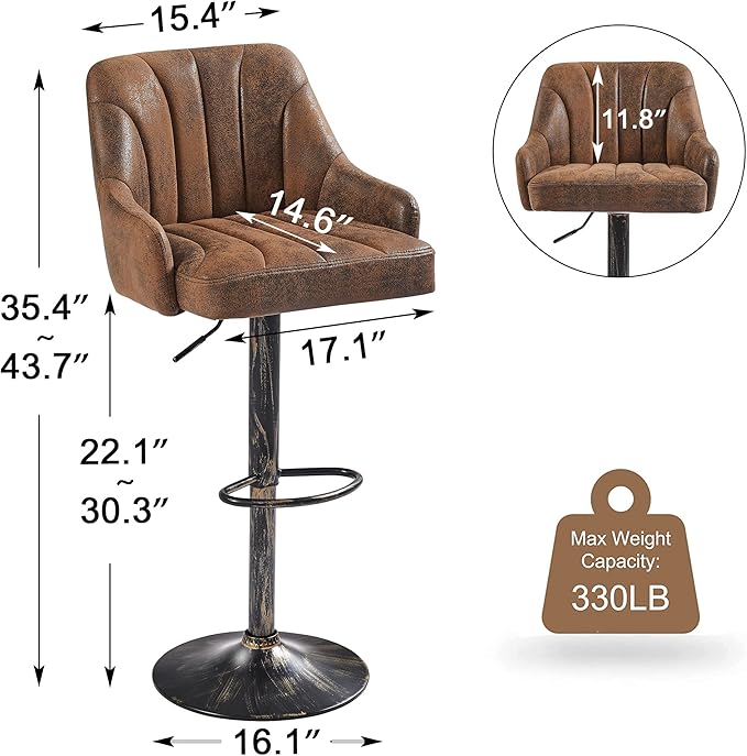 VECELO Bar Stools Set of 4, Adjustable Barstools, Counter Height Stools with Back and Arm, Kitchen Island Stools, Swivel PU Chairs for Pub, Dining Room, Industrial Style, Brown