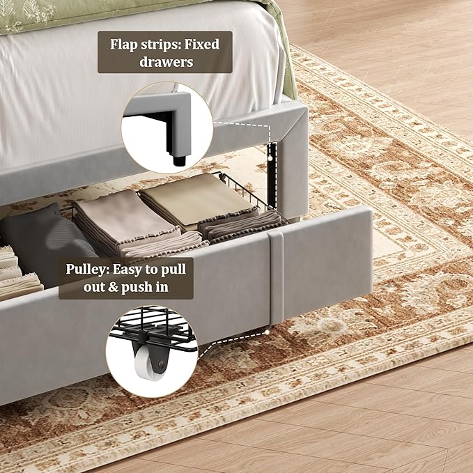 King Bed Frame with Storage Drawers, Upholstered Platform Bed with Headboard and Wingboard, No Box Spring Needed, NO Noise, Easy Assembly, Wooden Support Slats,Light Grey