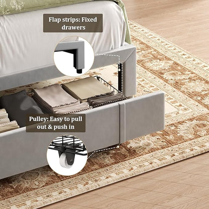 Queen Bed Frame with Storage Drawers, Upholstered Platform Bed with Headboard and Wingboard, No Box Spring Needed, Noise Free, Easy Assembly, Wooden Support Slats, Light Grey