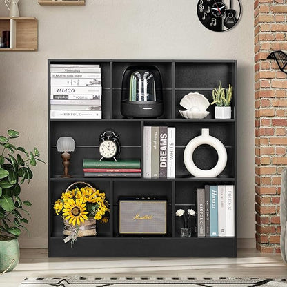 YAHARBO White 3 Tier Bookshelf,Wide Modern Horizontal Bookcase,Wood Low Book Shelf,Wide Display Storage Cabinet with Base,Floor Standing 8 Cube Large Bookcases Organizer for Bedroom,Living Room,Office