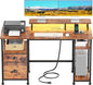 Furologee 51" Computer Desk with Power Outlet and LED Lights, Reversible Home Office Desk with File Cabinet & Monitor Stand, Large Gaming Table with Storage Shelves & Drawer, Rustic Brown