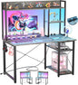 Cyclysio Gaming Desk with Hutch, 39'' Computer Desk with LED Lights & Power Outlets, Home Office Desk with Reversible 5 Tiers Storage Shelves & Monitor Stand, Small Gaming Table for Small Space, Grey