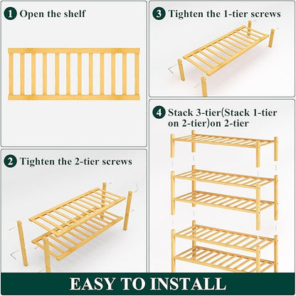 Smiry Shoe Rack, 5 Tier Bamboo Shoe Organizer, Stackable Free Standing Wooden Shoe Storage Shelf for Closet, Entryway, Front Door Entrance, Natural