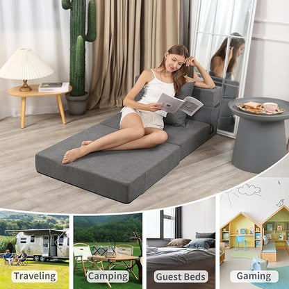 Folding Sofa Bed, High-Density Memory Foam Sofa Bed with a Fluffy Pillow, Floor Couch Guest Bed, Single Size, Dark Grey