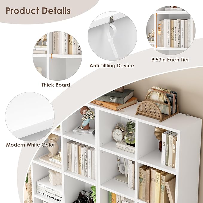 FOTOSOK 71'' White Bookshelf, Double Wide Media Tower Rack CD DVD Rack Display Cabinet with Adjustable Shelves, Tall Narrow Bookcase Bookshelf for Home Office, White