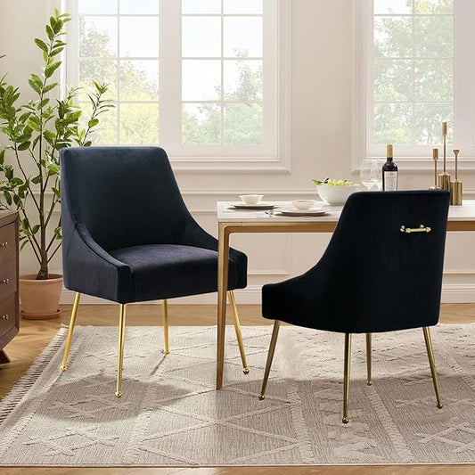Velvet Dining Chairs Set of 2, Furniture Collection Modern Contemporary Upholstered with Polished Gold Metal Legs(Black)