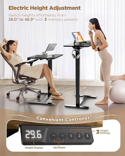 Electric Adjustable Height Standing Desk - Small Sit Stand Portable Rolling Laptop Table with Hidden Wheels, Small Computer Workstation for Bedside & Home Office Use (28"x16", Black)