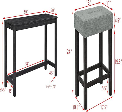 KEIKI 4-Piece Bar Table Set with 3 Upholstered Stools, Industrial Dining Bar Table and Chairs Set with Power Outlet, Rectangular Kitchen Table, Black