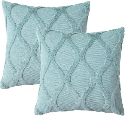 decorUhome Throw Pillow Covers 24x24 Inch Set of 2, Soft Plush Faux Fur Wool Aqua Couch Pillow Covers, Decorative Neutral Pillow Cases for Bed Sofa Living Room Home Decor