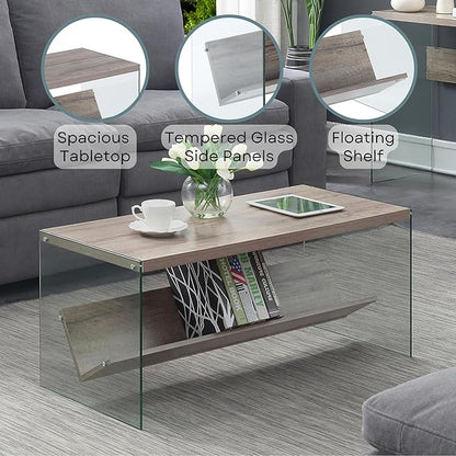 Convenience Concepts SoHo Modern Living Storage Shelf, Contemporary Coffee Table for Family Room, 40", Sandstone/Glass