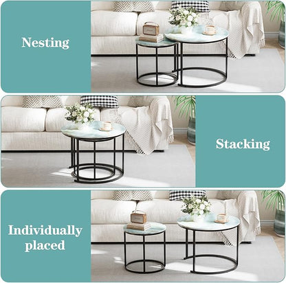 Garden 4 you Nesting Coffee Table, 23.6" Round Coffee Table Set of 2, Wooden Nesting Table Set for with Metal Frame, Side Tables for Living Room Bedroom Balcony, Blue