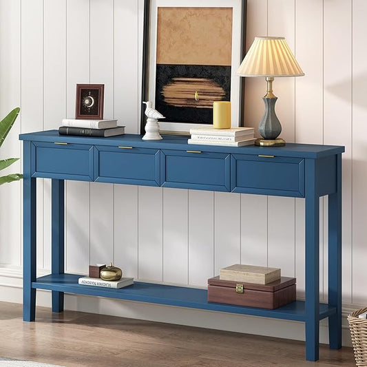 Ball & Cast 60“ Contemporary 4 Drawers Console Table, Long Narrow Entryway-Table with Drawer & Shelf, Modern Storage Sofa Tables, Farmhouse Wood Couch-Tables for Entrance Hallway Living,Blue