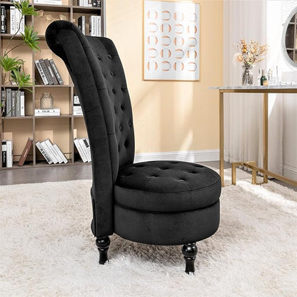 Container Furniture Direct Royal High-Back Velvet Accent Chair for Vanity with Storage and Luxurious Upholstery, Retro Design and Versatile Usage for Living Room, Bedroom, Lounge and Office, Black