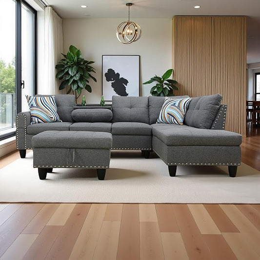 97.5" Oversized Sectional Couch, L Shaped Couch with Storage Ottoman, Modern Modular Sofa with Deep Seat, Sectional Couches for Living Room and Office, Grey (Linen)