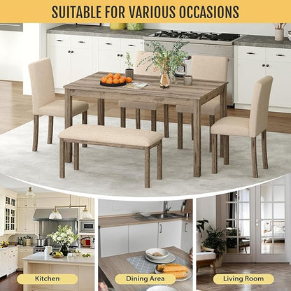 6-Piece Solid Wood Dining Table Set, Including 1 Dining Table, 4 Upholstered Chairs and 1 Bench, Wooden Legs Dining Table Set for Dining Room, Kitchen, Restaurant, Brown