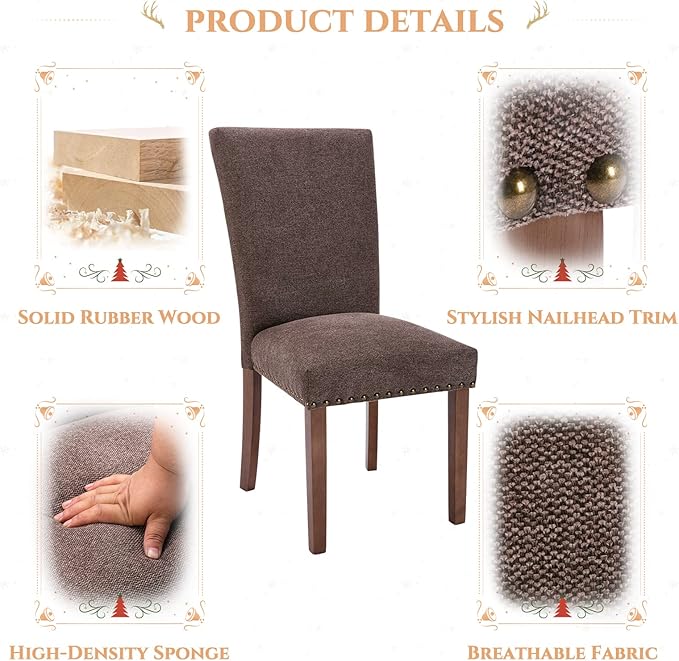 Parsons Dining Chairs Set of 6, Upholstered Nailhead Dining Room Kitchen Side Chair with Thick Cushions and Wood Legs, Brown