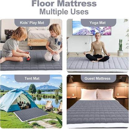 Tiita Japanese Floor Mattress Futon Mattress 4” Thick Folding Roll Up Sleeping Pad with Bag & Strap, Bed Topper Mat for Guest, Lounger and Tavel, Gray,Full Size