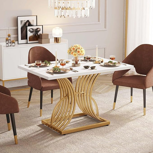 DWVO Modern Dining Table for 4 People 47 Inch Rectangular Kitchen Table with White Tabletop and Gold Geometric Legs Small Dinner Table Kitchen & Dining Room Furniture White & Gold