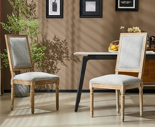 Merax Upholstered Solid Wood Dining Chairs Set of 2, French Country Style Accent Side Seating Furniture for Kitchen, Living Room, Cushioned Back, Grayish Green