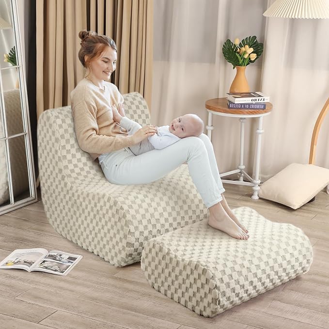Accent Bean Bag Chair with Footstool, Modern Lazy Sofa Chair with Comfy Jacquard Shaggy Plush, Green