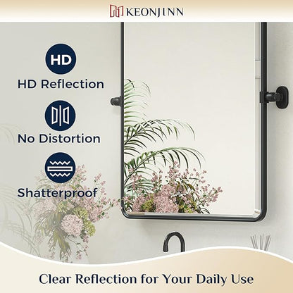 Keonjinn Pivot Mirror Bathroom, 20 x 24 In Beveled Tilt Mirror Bathroom, Matte Black Farmhouse Rectangular Metal Framed Mirrors, Rounded Corner Rectangular Vanity Mirrors for Wall, Horizontal/Vertical